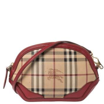 Pre Owned Burberry Red/Beige Haymarket Check Coated Canvas and Leather Mini Orchard Crossbody Bag