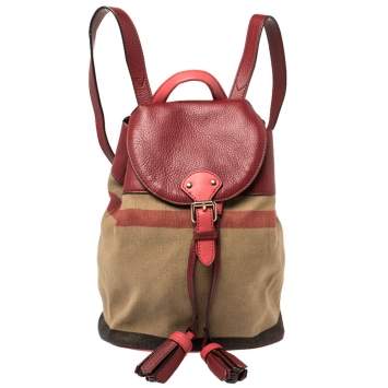 Pre Owned Burberry Brown/Red House Check Canvas and Leather Drawstring Backpack