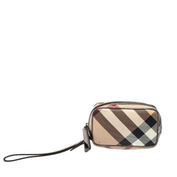 Pre Owned Burberry Beige/Metallic Nova Check PVC and Leather Wristlet Pouch