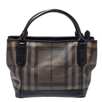 Pre Owned Burberry Brown/Black Smoke Check PVC and Leather Tote