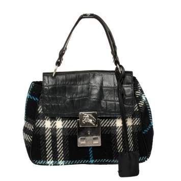 Pre Owned Burberry Black Classic Check Wool and Croc Embossed Leather Vintage Flap Tp Handle Bag