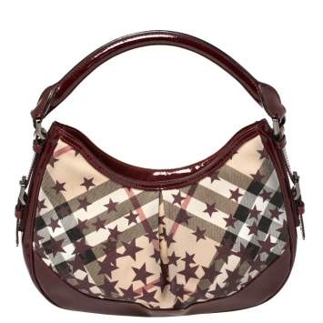 Pre Owned Burberry Burgundy/Beige Star Check PVC and Patent Leather Hernville Hobo
