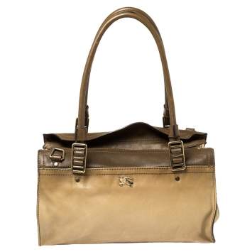 Pre Owned Burberry Two Tone Brown Leather Satchel