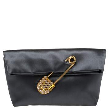 Pre Owned Burberry Grey Satin Crystal Embellished Pin Clutch