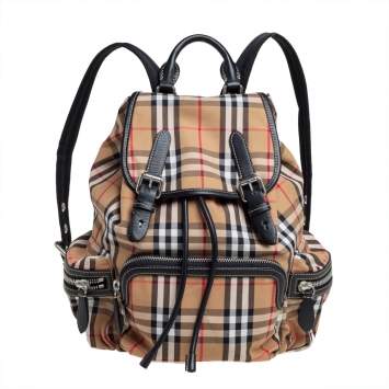 Pre Owned Burberry Beige/Black Vintage Check Canvas and Leather Rucksack Backpack