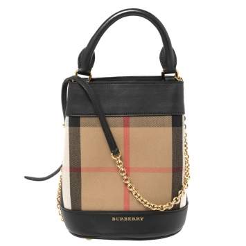 Pre Owned Burberry Black/Beige House Check Canvas and Leather Mini Bucket Chain Bag