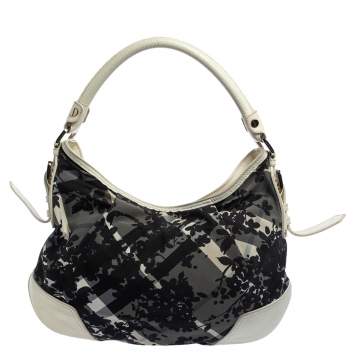 Pre Owned Burberry Black/White Floral Beat Check Nylon and Patent Leather Small Foley Hobo