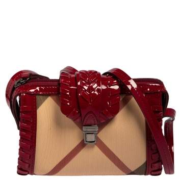 Pre Owned Burberry Dark Pink/Beige House Check PVC and Patent Leather Whipstitch Clutch Bag