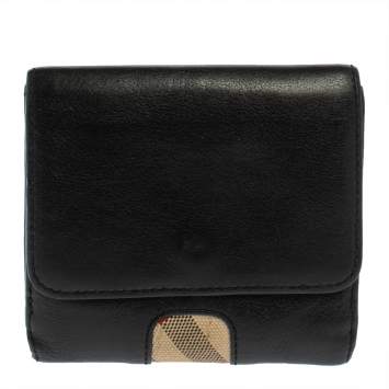 Pre Owned Burberry Black/Beige Leather and Canvas Trifold Wallet