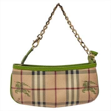 Pre Owned Burberry Apple Green/Beige Haymarket Check Coated Canvas Anabel Wristlet Clutch Bag