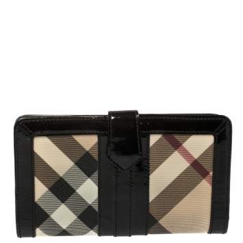 Pre Owned Burberry Black Novacheck Canvas and Patent Leather Penrose Continental Wallet