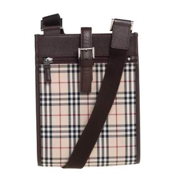 Pre Owned Burberry Brown/Beige House Check Fabric and Leather Messenger Bag