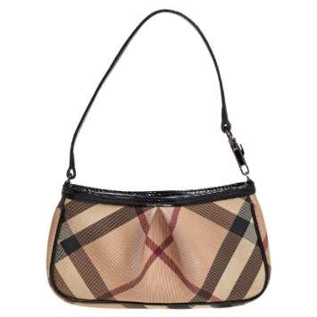 Pre Owned Burberry Beige/Black Nova Check PVC and Patent Leather Pochette Bag
