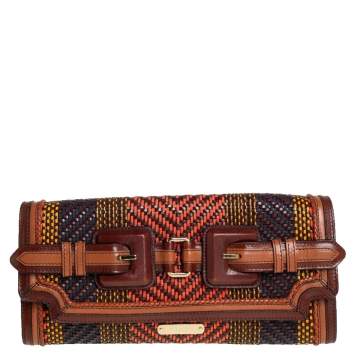 Pre Owned Burberry Multicolor Woven Leather Buckle Flap Clutch