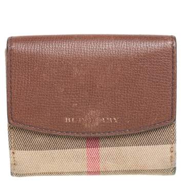Pre Owned Burberry Brown House Check Fabric and Leather French Wallet