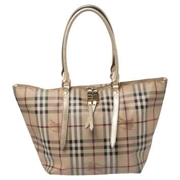 Pre Owned Burberry Beige/Gold Haymarket Check PVC and Leather Small Salisbury Tote