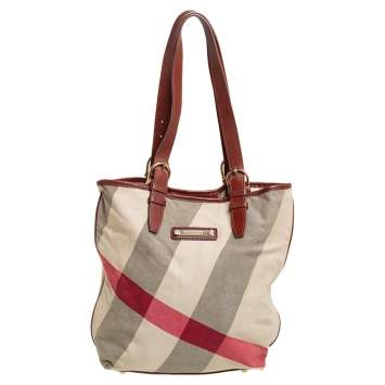 Pre Owned Burberry Beige House Check Canvas and Leather Trim Shopper Tote