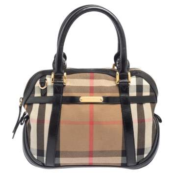 Pre Owned Burberry Black/Beige House Check Fabric and Leather Orchard Bowling Bag