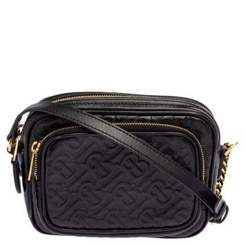 Pre Owned Burberry Black Embossed Monogram Leather Camera Crossbody Bag