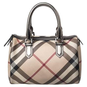 Pre Owned Burberry Beige Nova Check Coated Canvas And Patent Leather Chester Boston Bag