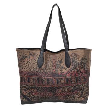 Pre Owned Burberry Brown Classic Canvas Medium Reversible Doodle Shopper Tote