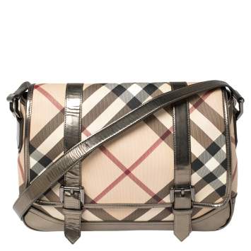 Pre Owned Burberry Metallic Bronze/Beige Nova Check PVC and Leather Messenger Flap Bag