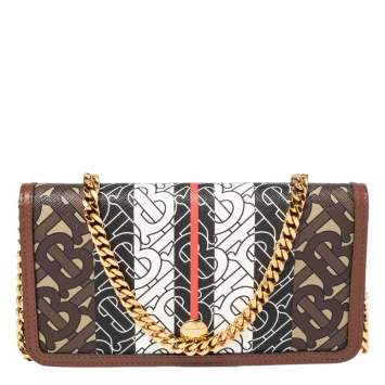 Pre Owned Burberry Brown TB Monogram Coated Canvas and Leather Rowe Wallet on Chain