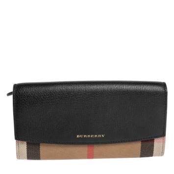 Pre Owned Burberry Black/Beige House Check Canvas and Leather Flap Continental Wallet