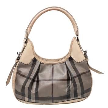 Pre Owned Burberry Beige Coated Canvas And Leather Small Brooklyn Hobo