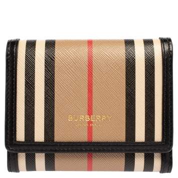 Pre Owned Burberry Beige/Black Icon Stripe Coated Canvas and Leather Small Trifold Wallet
