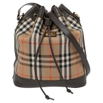 Pre Owned Burberry Brown/Beige Haymarket Canvas and Leather Vintage Drawstring Bucket Bag