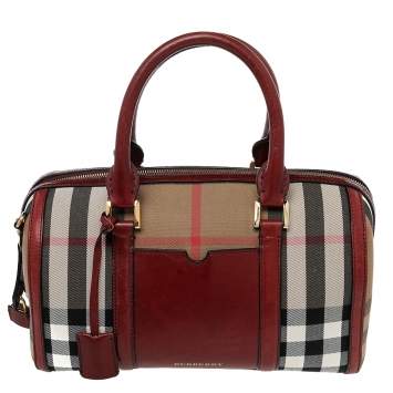 Pre Owned Burberry Beige/Burgundy House Check Canvas and Leather Sartorial Bowler Bag