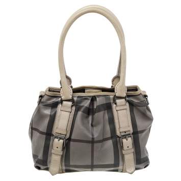 Pre Owned Burberry Beige Smoke Check PVC and Leather Northfield Tote