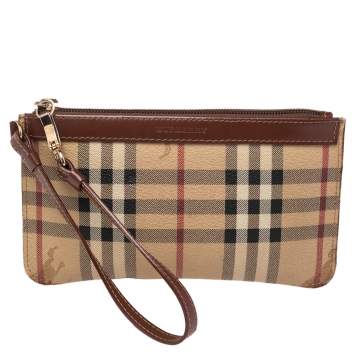 Pre Owned Burberry Beige/Brown Haymarket Check Coated Canvas and Leather Wristlet Clutch