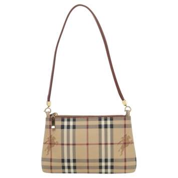 Pre Owned Burberry Beige/Red Haymarket Check PVC and Leather Pochette Bag