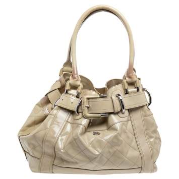 Pre Owned Burberry Cream Quilted Patent Leather Beaton Tote