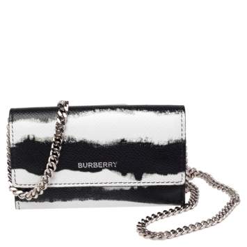 Pre Owned Burberry Black/White Leather Card Case On Detachable Chain