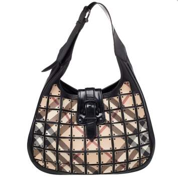 Pre Owned Burberry Beige/Black Nova Check Canvas And Leather Studded Brooke Warrior Hobo