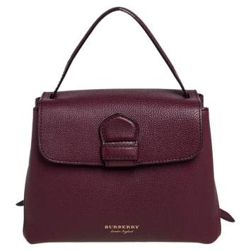 Pre Owned Burberry Burgundy/Beige Leather and House Check Canvas Small Camberley Top Handle Bag
