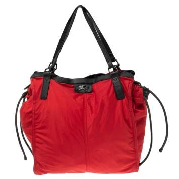 Pre Owned Burberry Red Nylon and Leather Buckleigh Shopper Tote