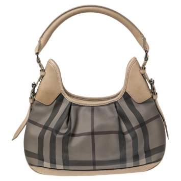 Pre Owned Burberry Grey/Beige Smoked Check PVC and Leather Small Brooklyn Hobo