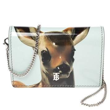 Pre Owned Burberry Light Blue/Brown Leather Bambi Card Case on Detachable Chain