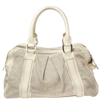 Pre Owned Burberry Off White Leather Studded Ashbury Knight Satchel
