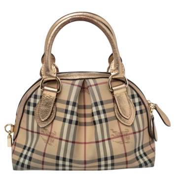 Pre Owned Burberry Beige/Metallic Gold Haymarket Check PVC and Leather Thornley Bowler Bag