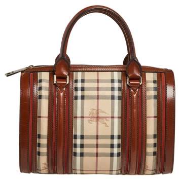 Pre Owned Burberry Beige/Tan Haymarket Check Coated Canvas and Leather Medium Alchester Bowler Bag