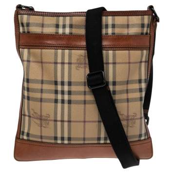 Pre Owned Burberry Brown/Beige Haymarket Check Coated Canvas and Leather Messenger Bag