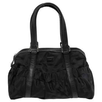 Pre Owned Burberry Black Check Nylon and Leather Trim Satchel