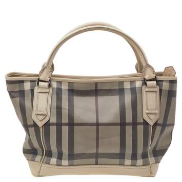 Pre Owned Burberry Beige Smoke Check PVC And Leather Tote