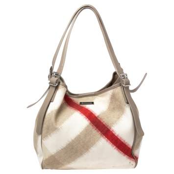 Pre Owned Burberry Multicolor Ikat Check Canvas and Leather Trim Shopper Tote