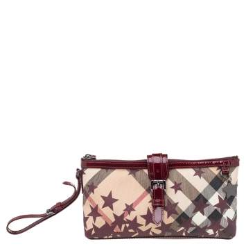 Pre Owned Burberry Burgundy/Beige Nova Check Coated Canvas And Patent Leather Stars Zip Wristlet